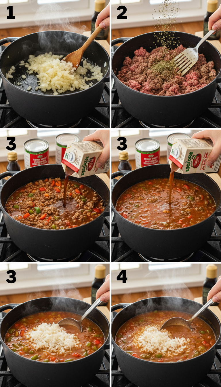 Step-by-step visual guide showing the cooking process for Easy Stuffed Pepper Soup from raw ingredients to finished presentation