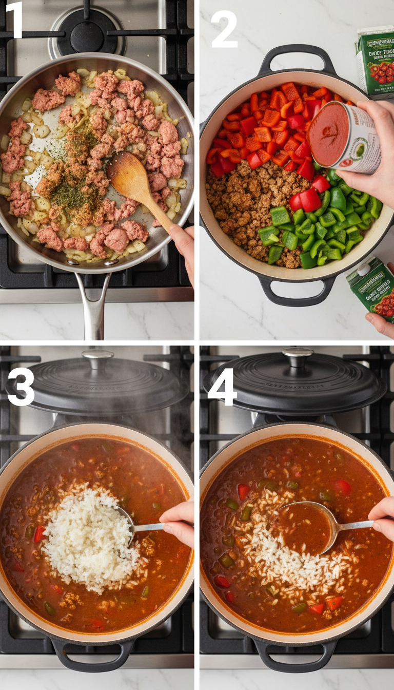 Step-by-step visual guide showing the cooking process for Easy Stuffed Pepper Soup from raw ingredients to finished dish