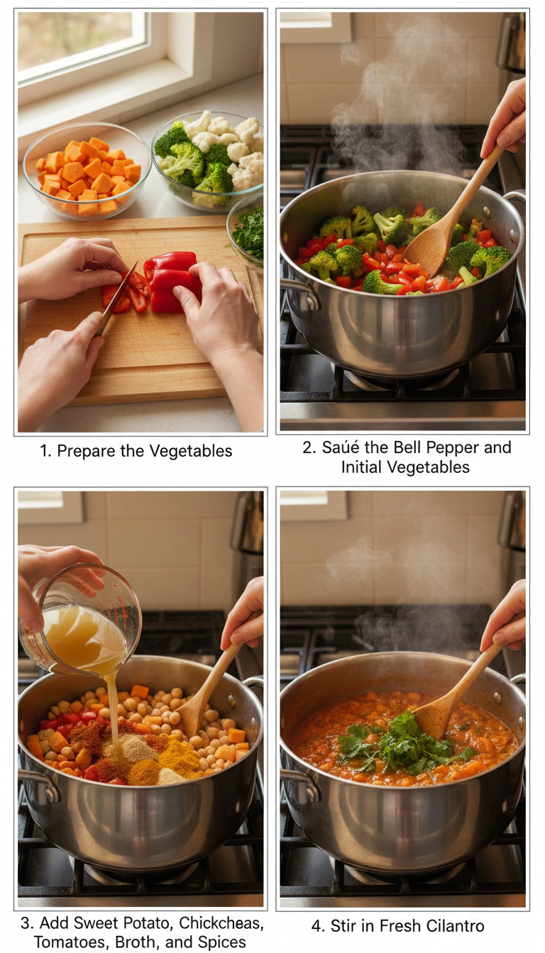 Step by step cooking process for easy sweet potato vegetable curry recipe showing vegetables being sautéed and curry simmering