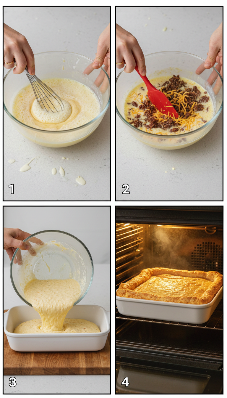 Step by step process of making fluffy pancake smoked beef casserole showing mixing, layering and baking stages