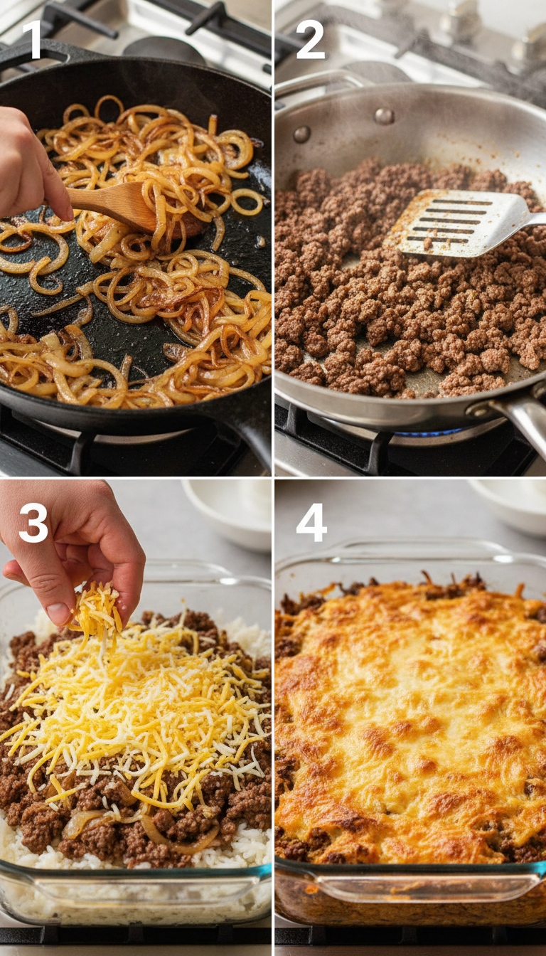 Step-by-step process photos showing caramelized onions, cooked ground beef, prepared rice, and the assembled French Onion Ground Beef and Rice Casserole