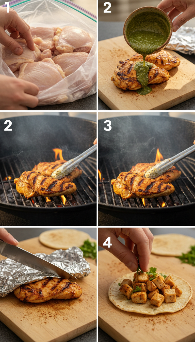 Step by step visual guide showing grilled chicken street taco preparation from marinade to final plating