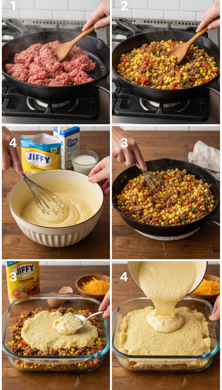 Step-by-step preparation photos showing browning ground beef, mixing cornbread batter, layering ingredients in baking dish, and final golden baked casserole