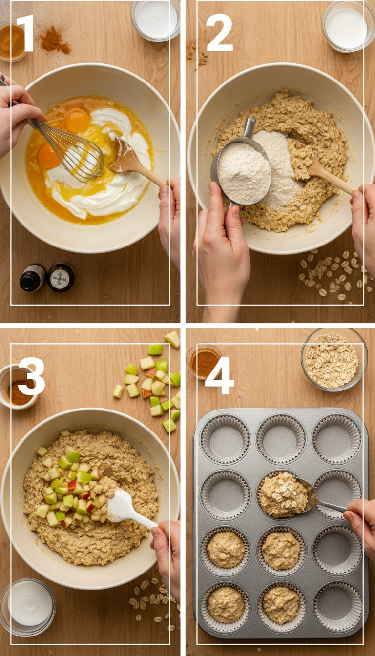 Step-by-step process of making healthy apple oat muffins showing mixing bowls, batter preparation, and muffin tin filling