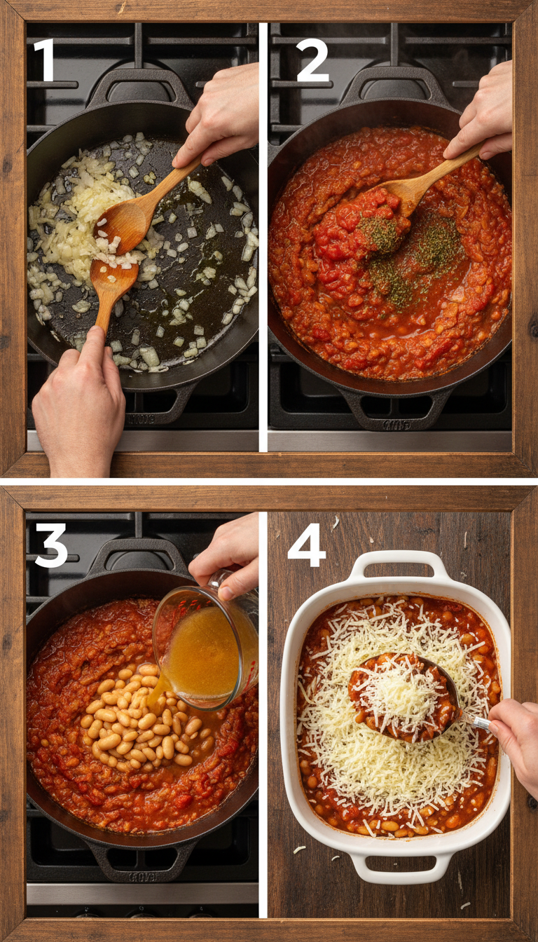 Step by step process of making hearty baked white beans showing sautéed vegetables, beans being added, and the final cheese-topped casserole