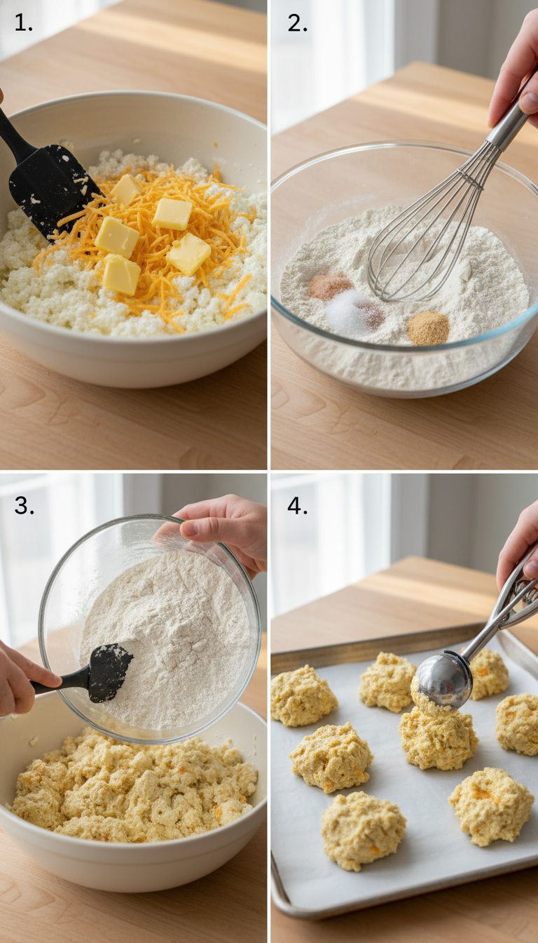 Step-by-step visual guide showing the process of making High-Protein Cottage Cheese Biscuits