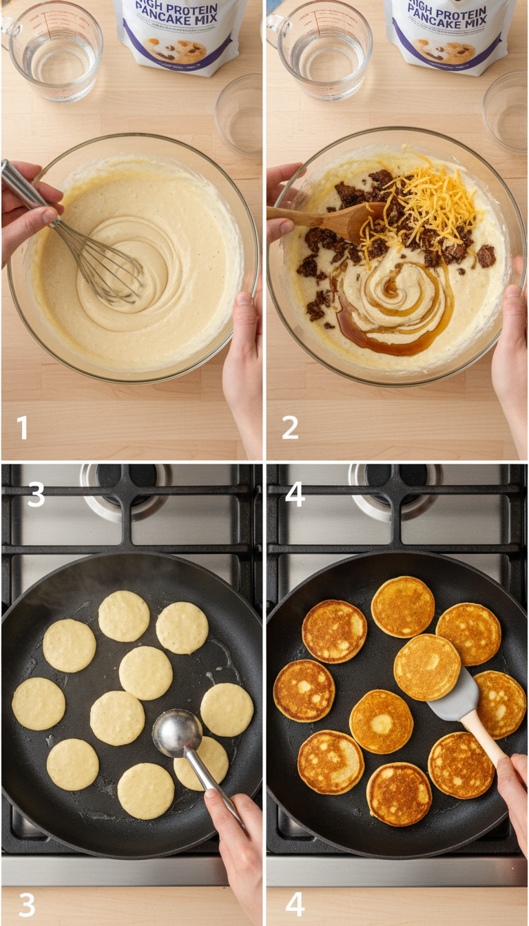 Step-by-step visual guide showing the preparation process of High Protein McGriddle Bites from mixing batter to final cooking