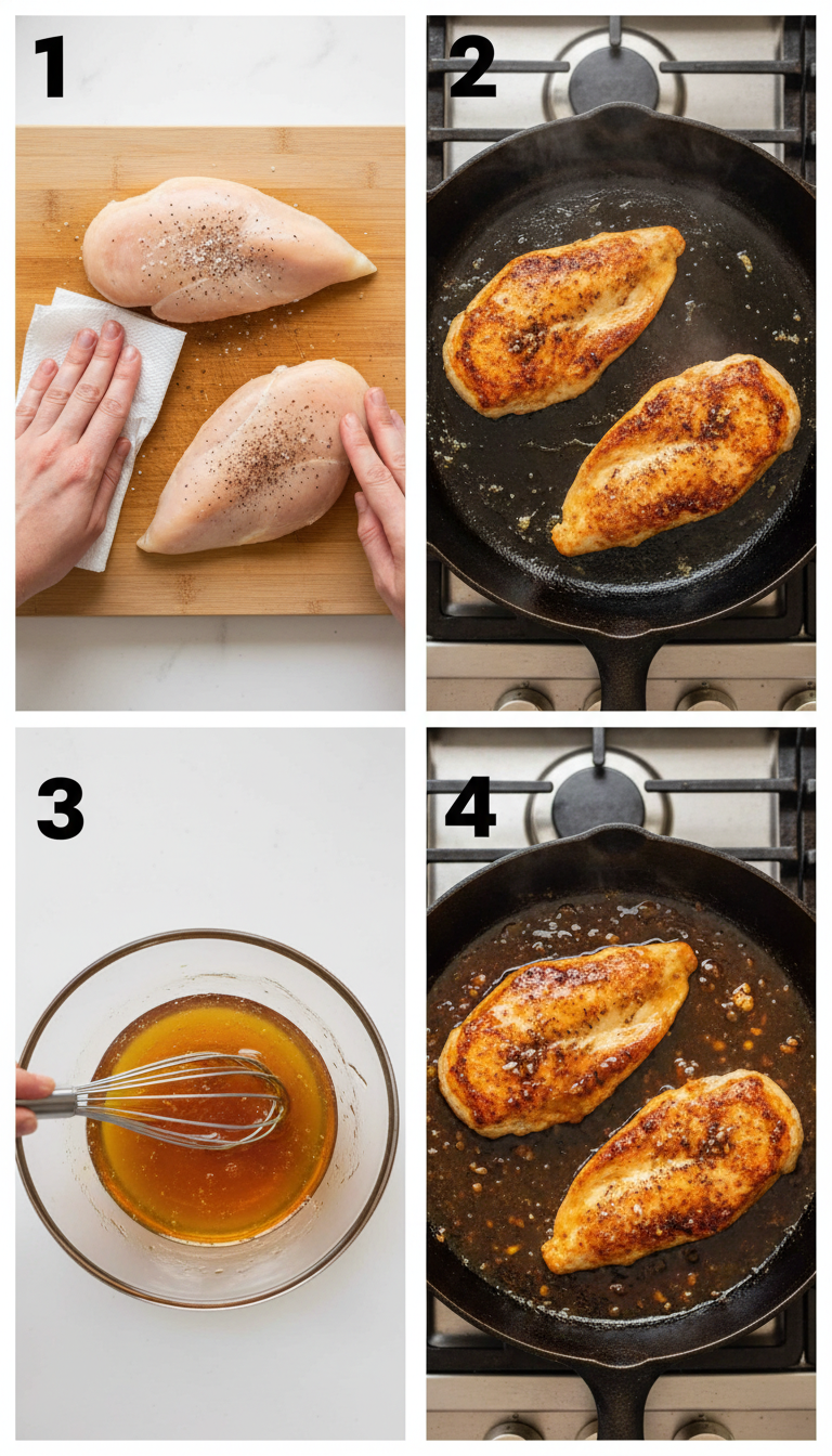 Step-by-step visual guide showing honey garlic chicken cooking process from raw to golden glazed perfection