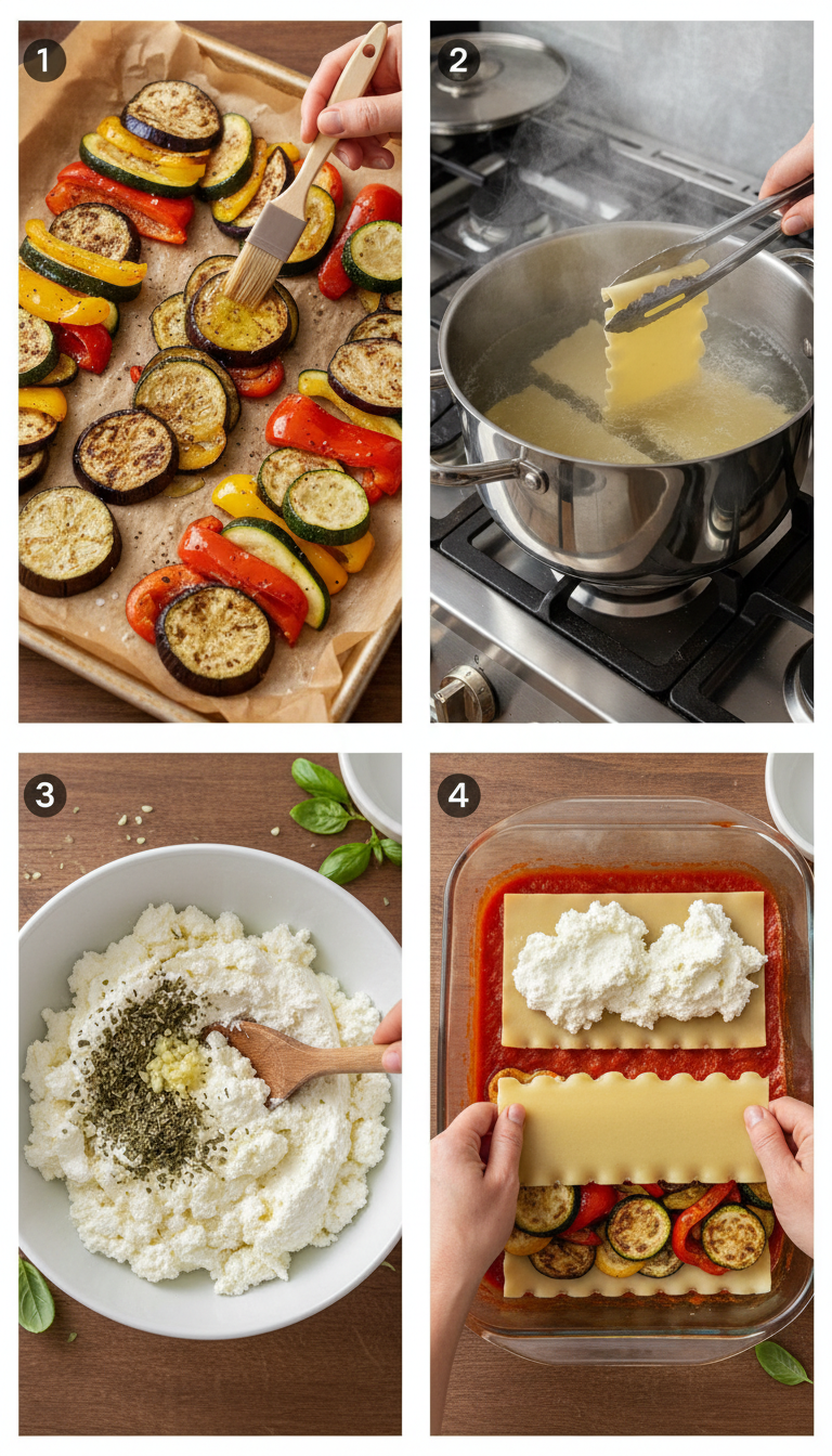 Step-by-step process of assembling Layered Mediterranean Vegetable Lasagna with Creamy Ricotta showing roasted vegetables, ricotta mixture, and layering technique