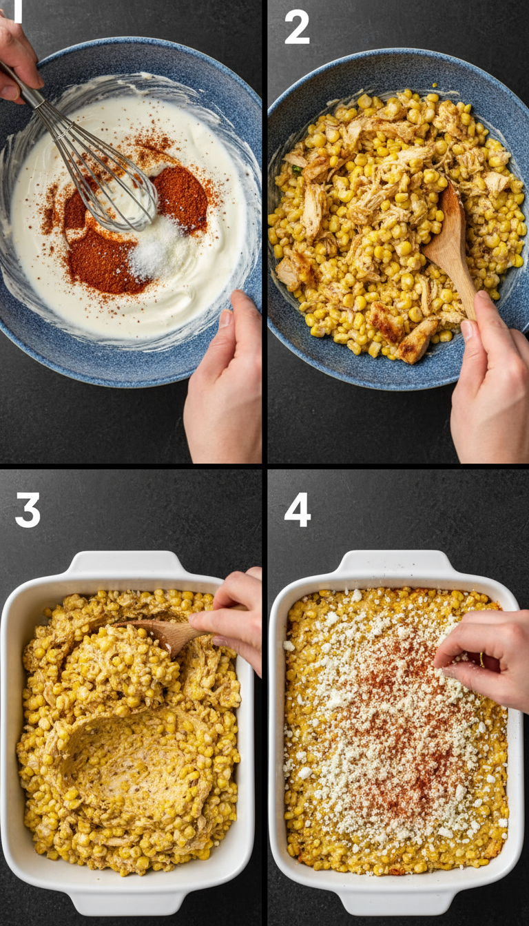 Step-by-step visual guide showing the preparation of Mexican Street Corn Casserole with Chicken from mixing to final golden-brown presentation