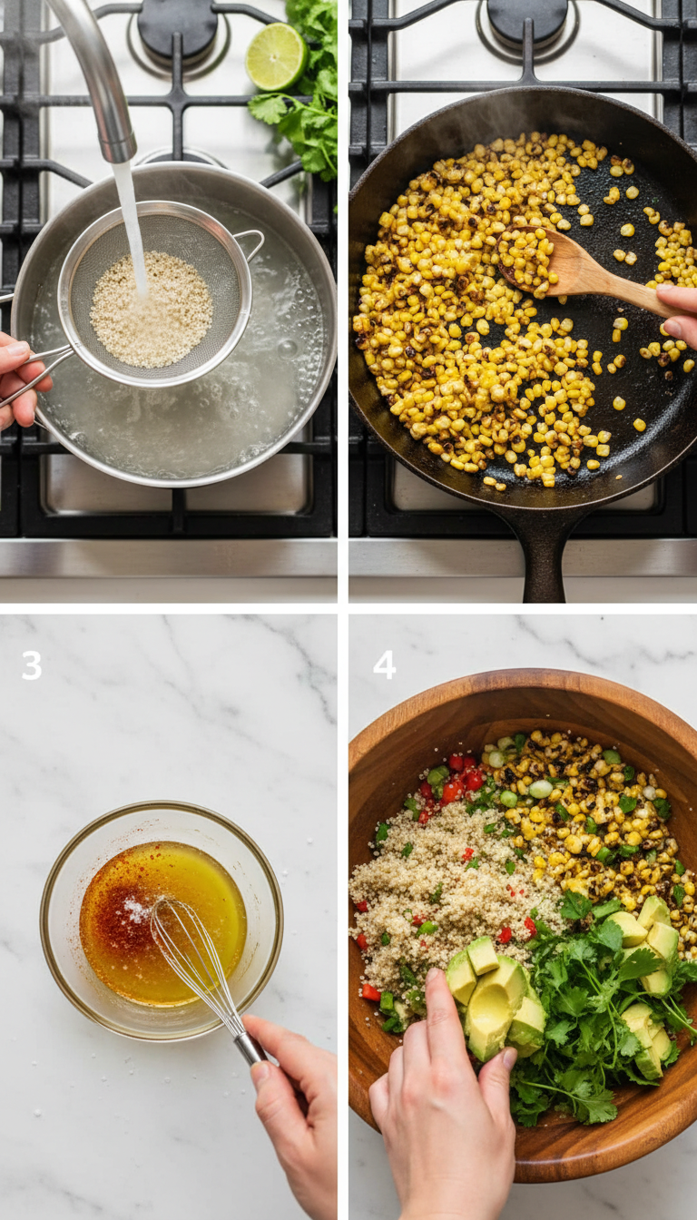Step-by-step process of making Mexican Street Corn Quinoa Salad showing quinoa cooking, corn charring, and final assembly