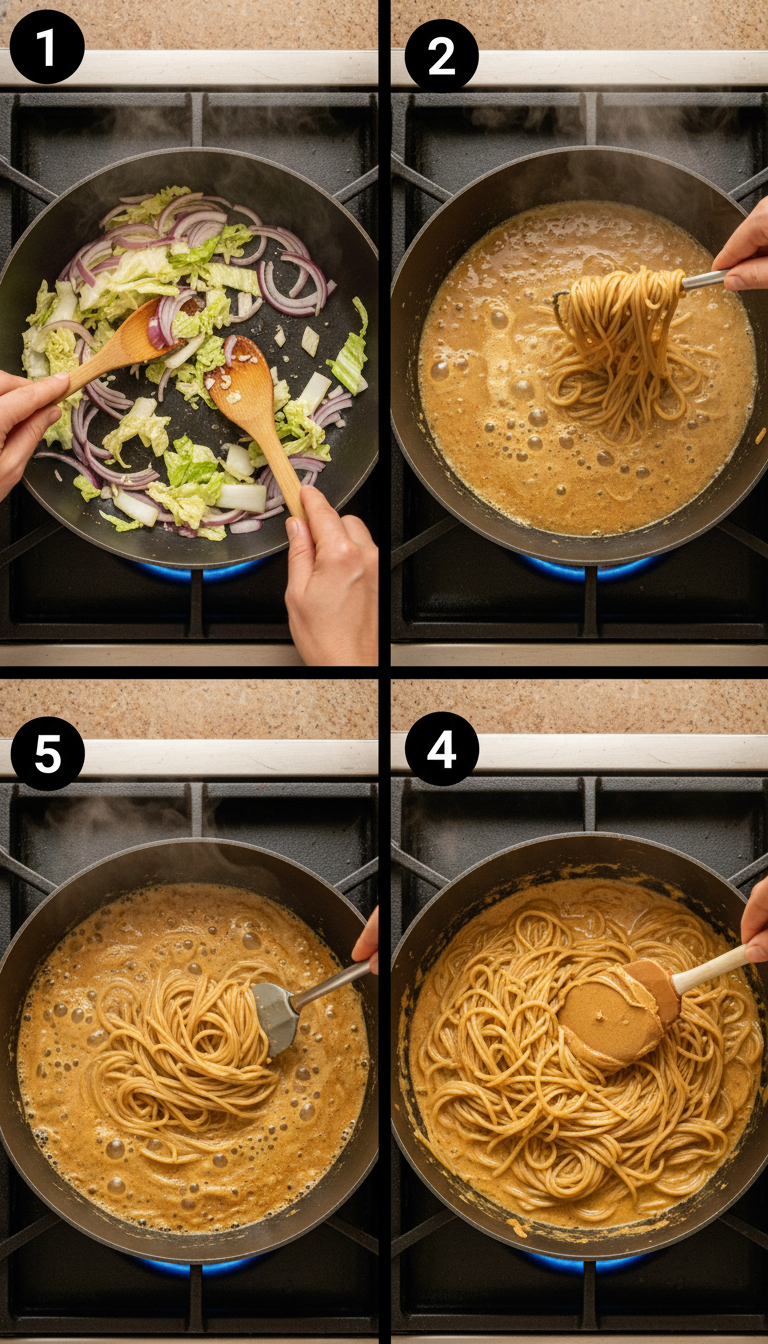 Step-by-step cooking process showing the transformation of One Pot Spicy Garlic Almond Butter Noodles