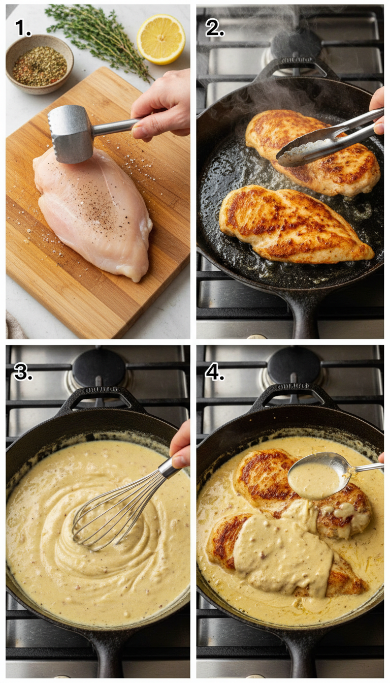 Step by step process of making one skillet chicken with lemon garlic cream sauce
