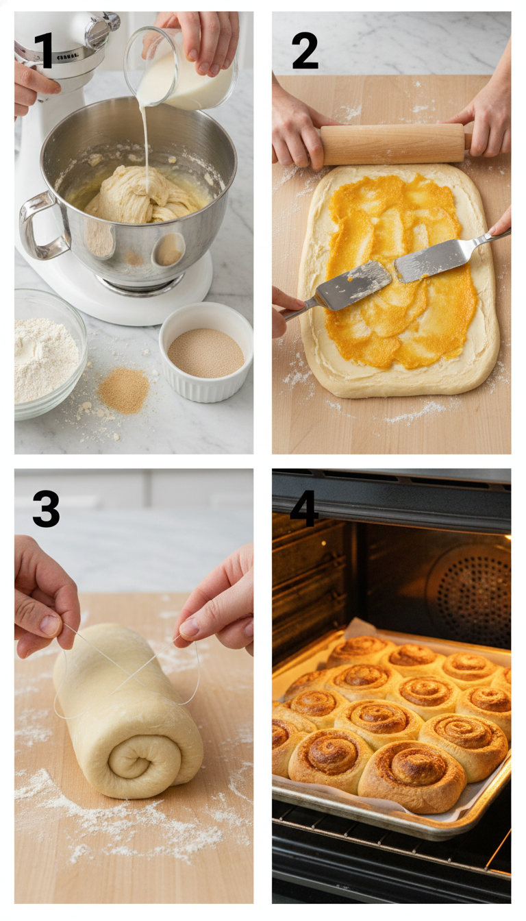 Step-by-step process of making orange rolls showing dough preparation, rolling, and cutting