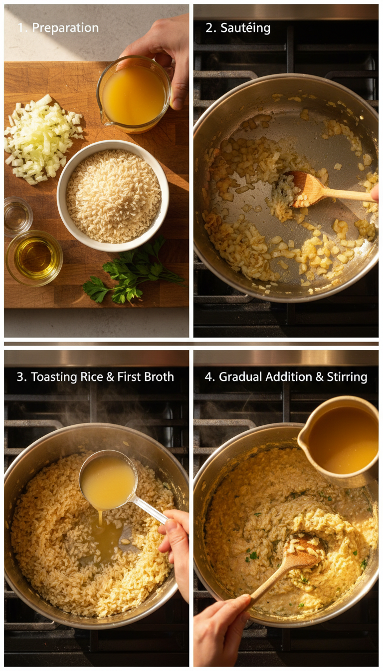 Step-by-step photos showing the risotto cooking process from sautéing onions to the final creamy result