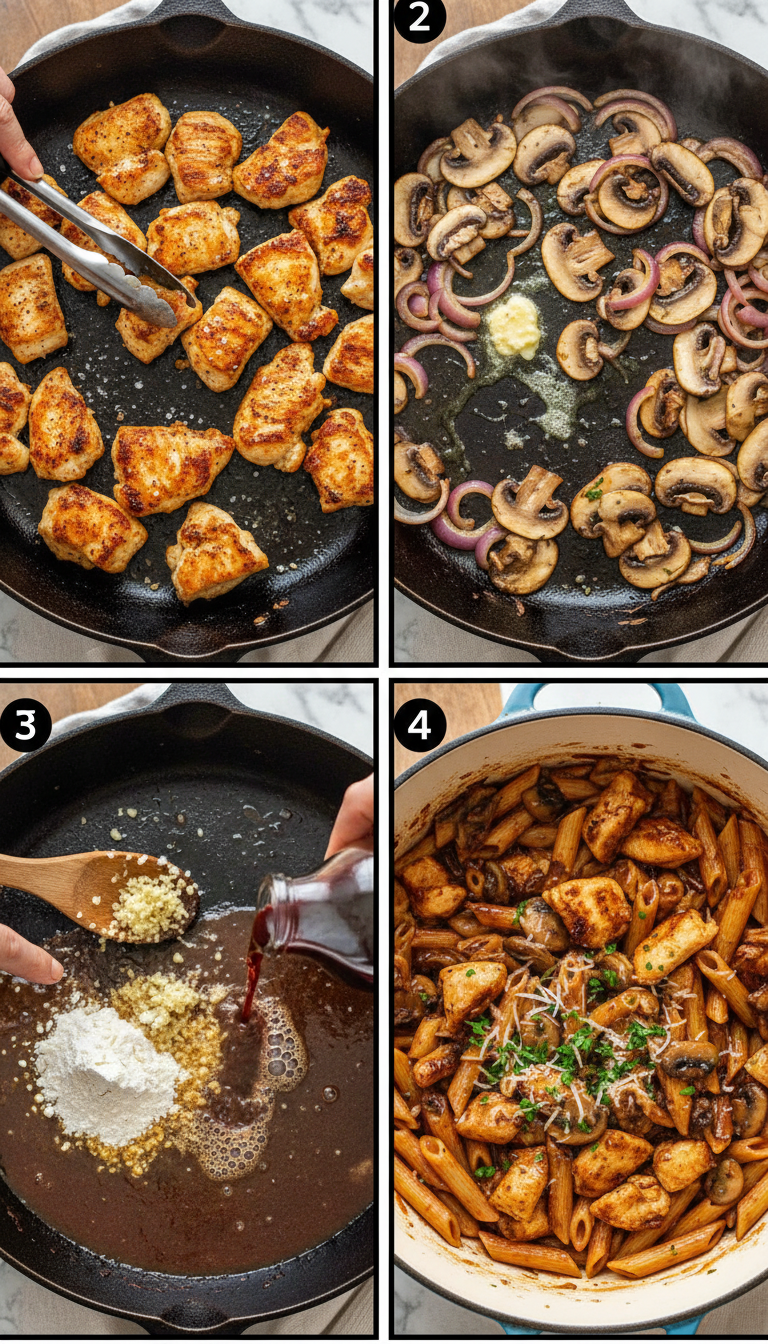 Step-by-step visual guide showing the cooking process for Pasta Da Vinci Cheesecake Factory Copycat