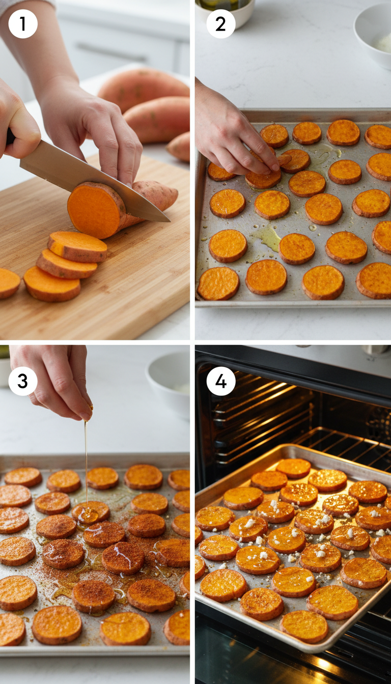 Step by step process showing sweet potato rounds being prepared, seasoned, and roasted to golden perfection