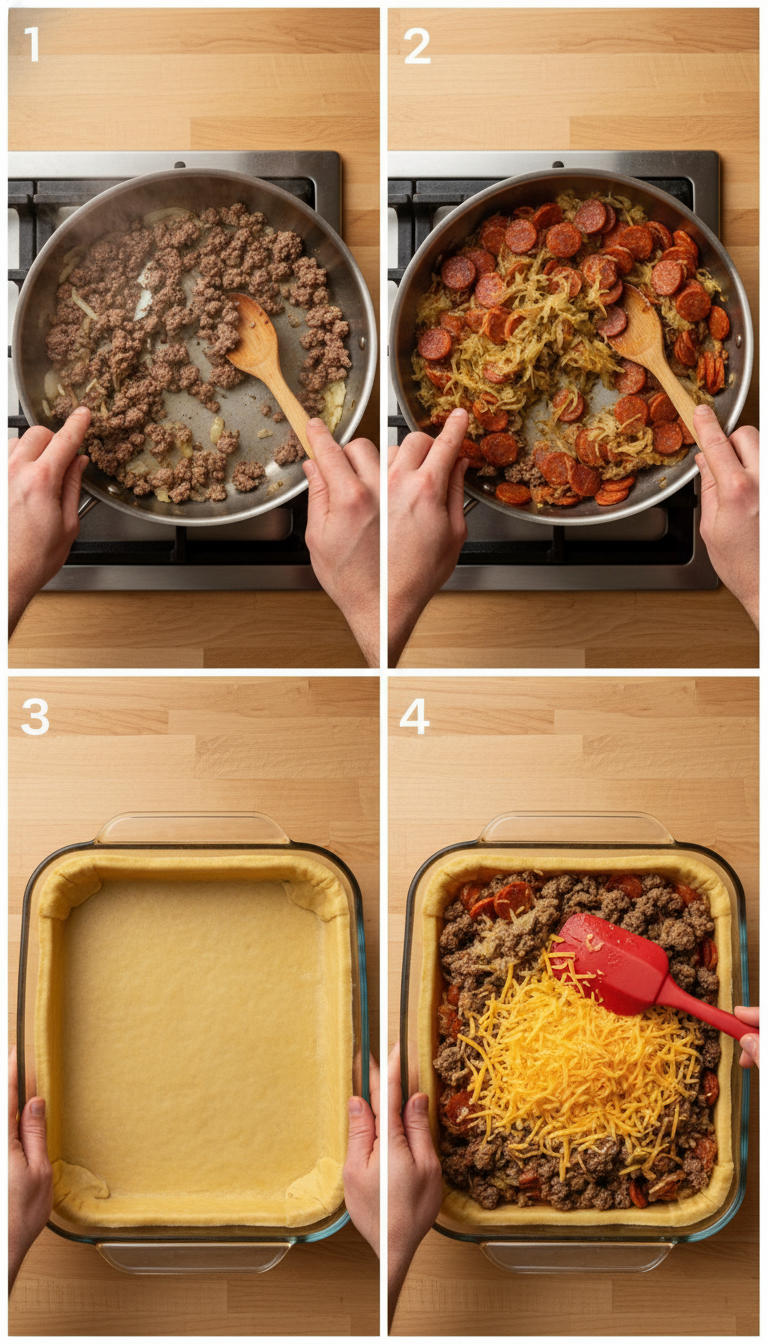 Step-by-step preparation photos showing the cooking process of Runza Casserole from raw ingredients to finished dish