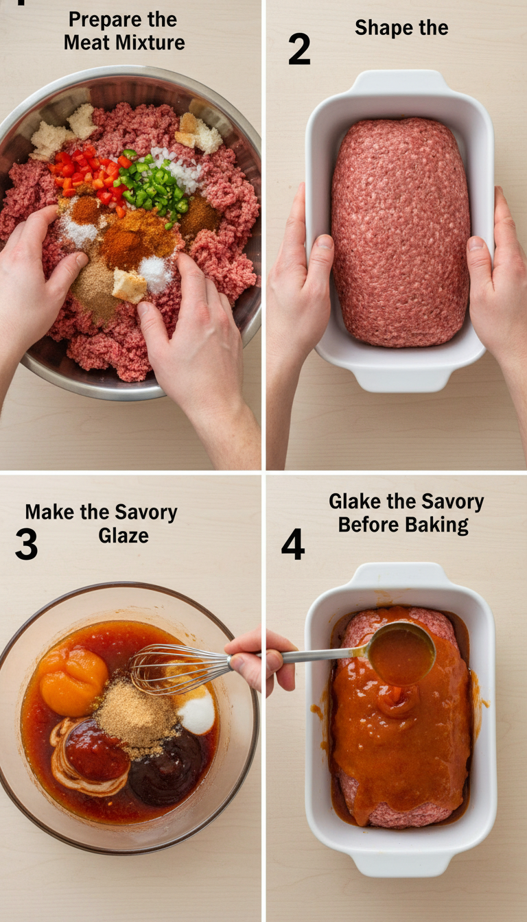 Step-by-step process of making savory glaze meatloaf showing mixing, shaping, and glazing stages