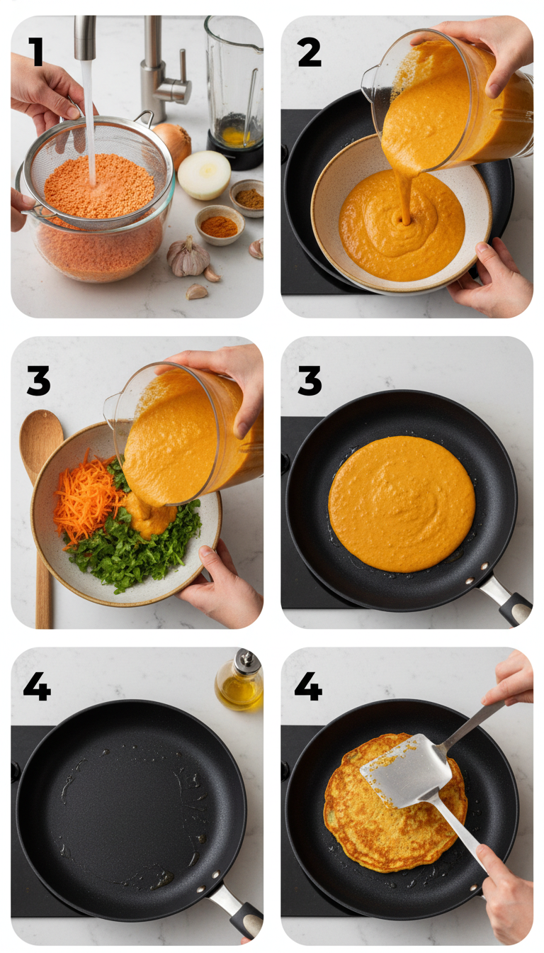 Step-by-step visual guide showing the preparation process of savory red lentil pancakes from soaking to final plating