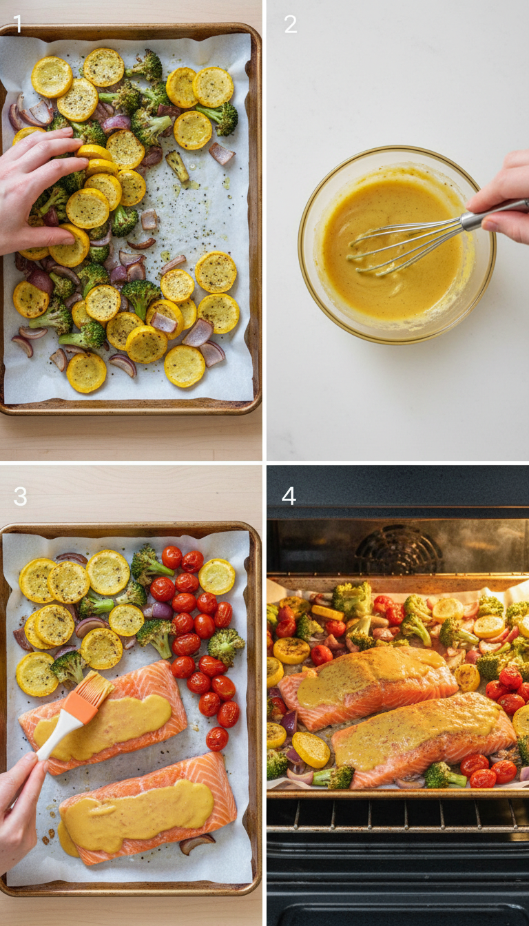 Step-by-step preparation photos showing vegetables arranged on sheet pan, honey mustard glaze being mixed, and final plated dish