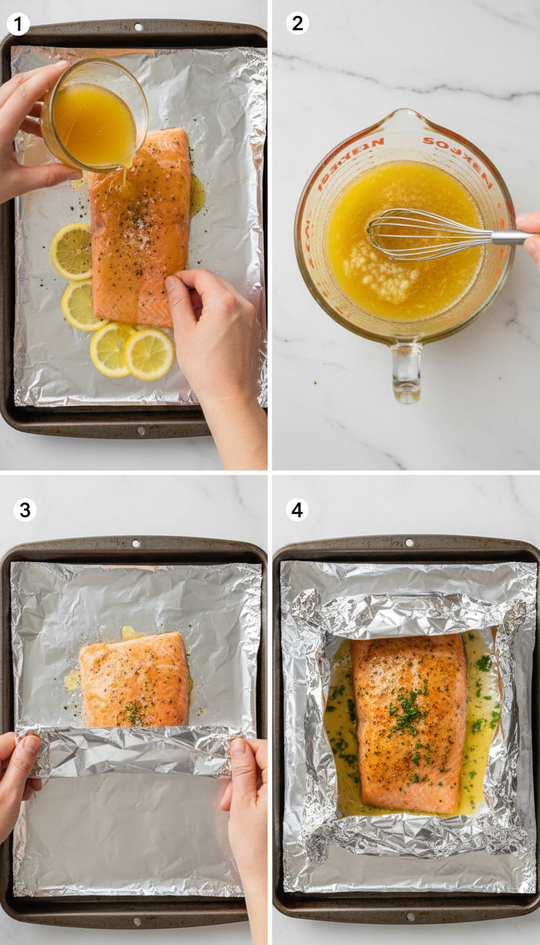 Step by step preparation of Sheet Pan Lemon Garlic Butter Salmon showing foil wrapping technique