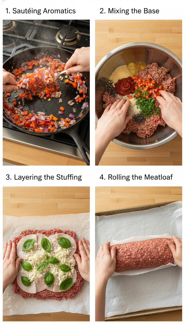 Step-by-step visual guide showing the process of assembling and rolling Sicilian meatloaf with turkey, basil, and cheese layers