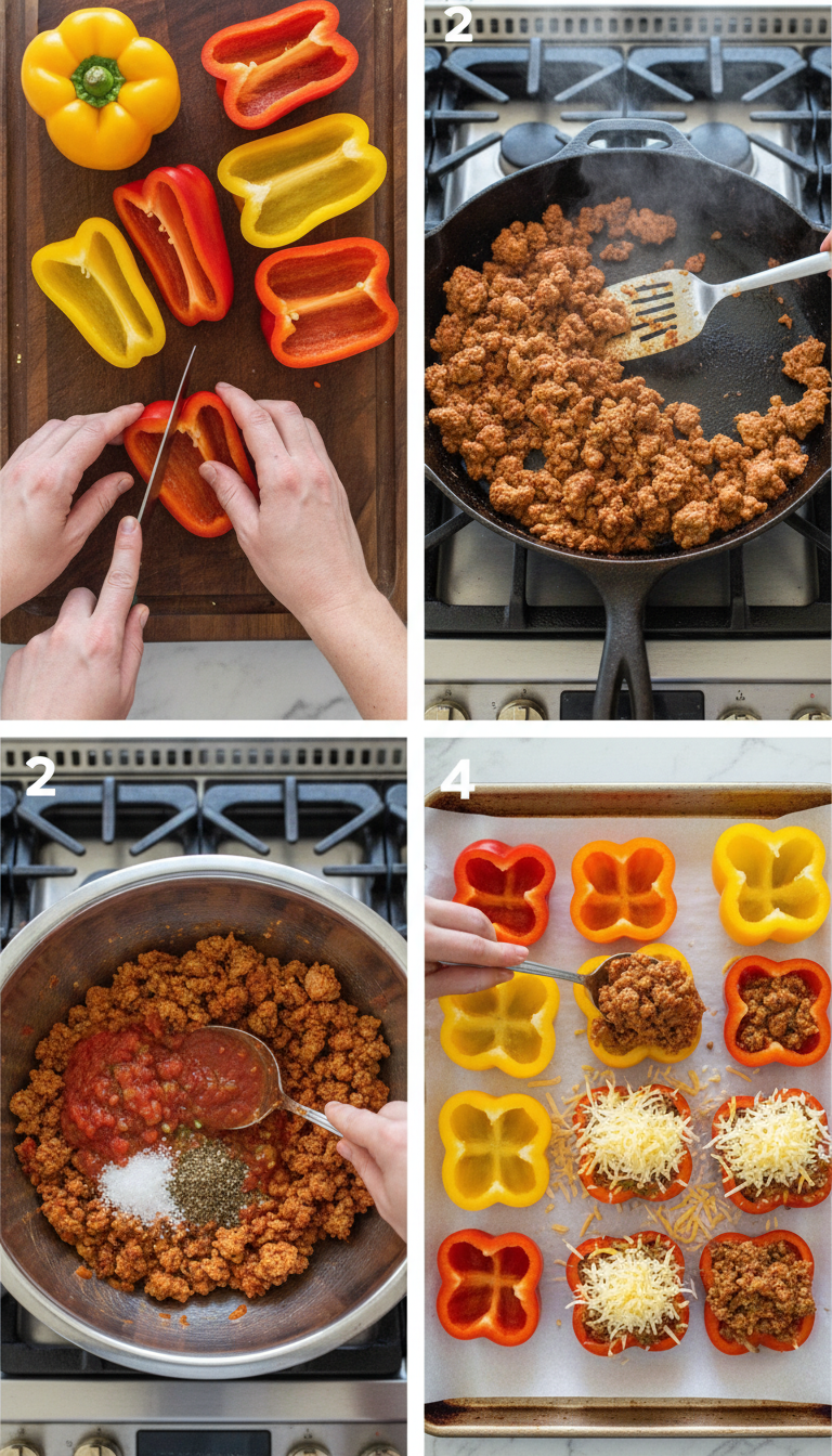 Step by step process showing bell pepper preparation, turkey cooking, and assembly for Skinny Bell Pepper Nacho Boats