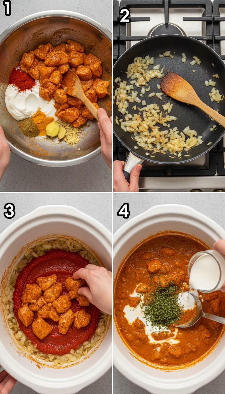 Step-by-step visual guide showing marinated chicken, sautéed onions, and slow cooker assembly for chicken tikka masala