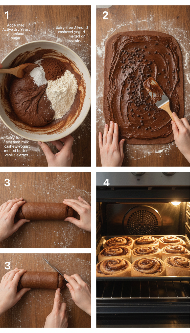 Step-by-step process of making Small Batch MOLTEN Double Chocolate Cinnamon Rolls showing dough preparation, filling, rolling, and baking stages