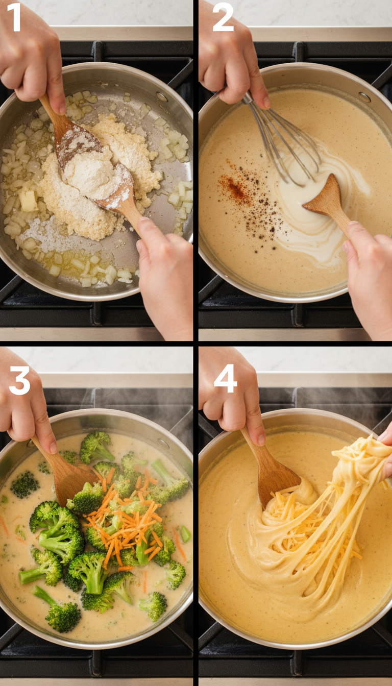 Step-by-step process of making smoked gouda broccoli soup showing sautéing onions, adding flour, whisking in liquids, adding vegetables, and melting cheese