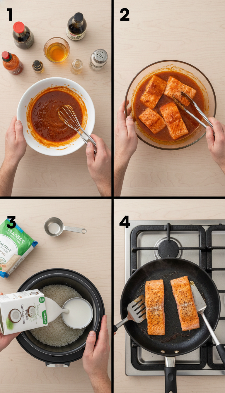 Step by step process of making spicy salmon bowls showing marinating salmon, cooking coconut rice, and assembling the final bowls