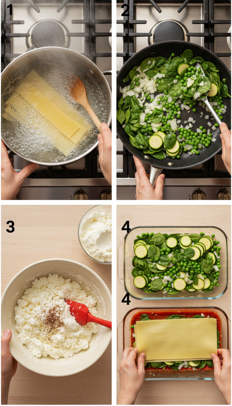 Step by step process of assembling Spring Vegetable Lasagna showing layering technique with noodles, ricotta mixture, and vegetables