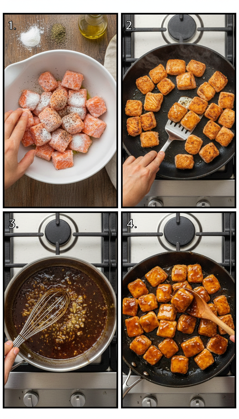 Step-by-step process showing salmon being cut into cubes, seasoned, pan-seared, and glazed with honey garlic sauce