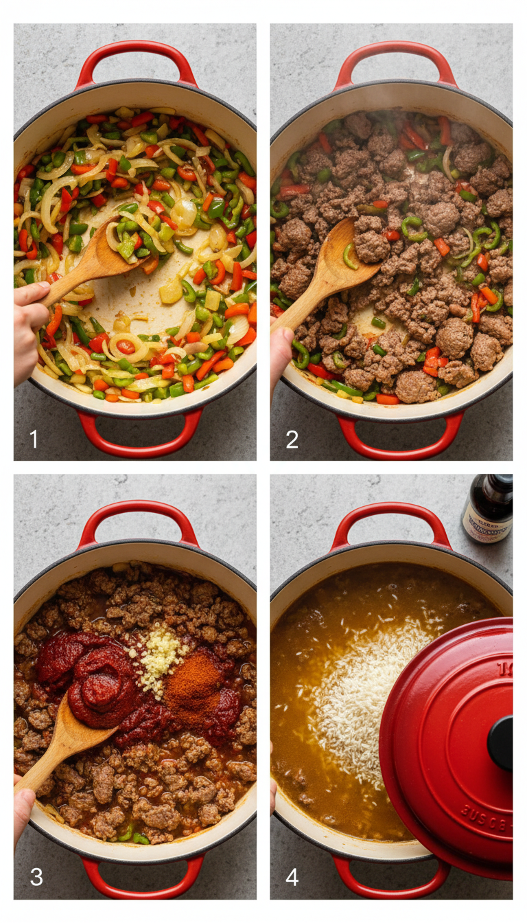 Step-by-step visual guide showing the cooking process of stuffed pepper casserole from raw ingredients to finished dish