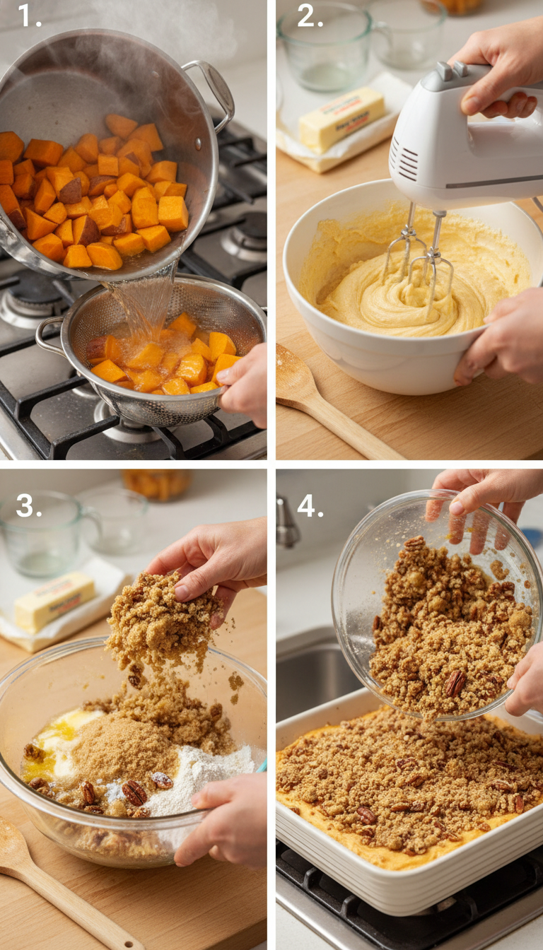 Step by step process of making sweet potato casserole showing boiled potatoes, mixing ingredients, and assembling the dish