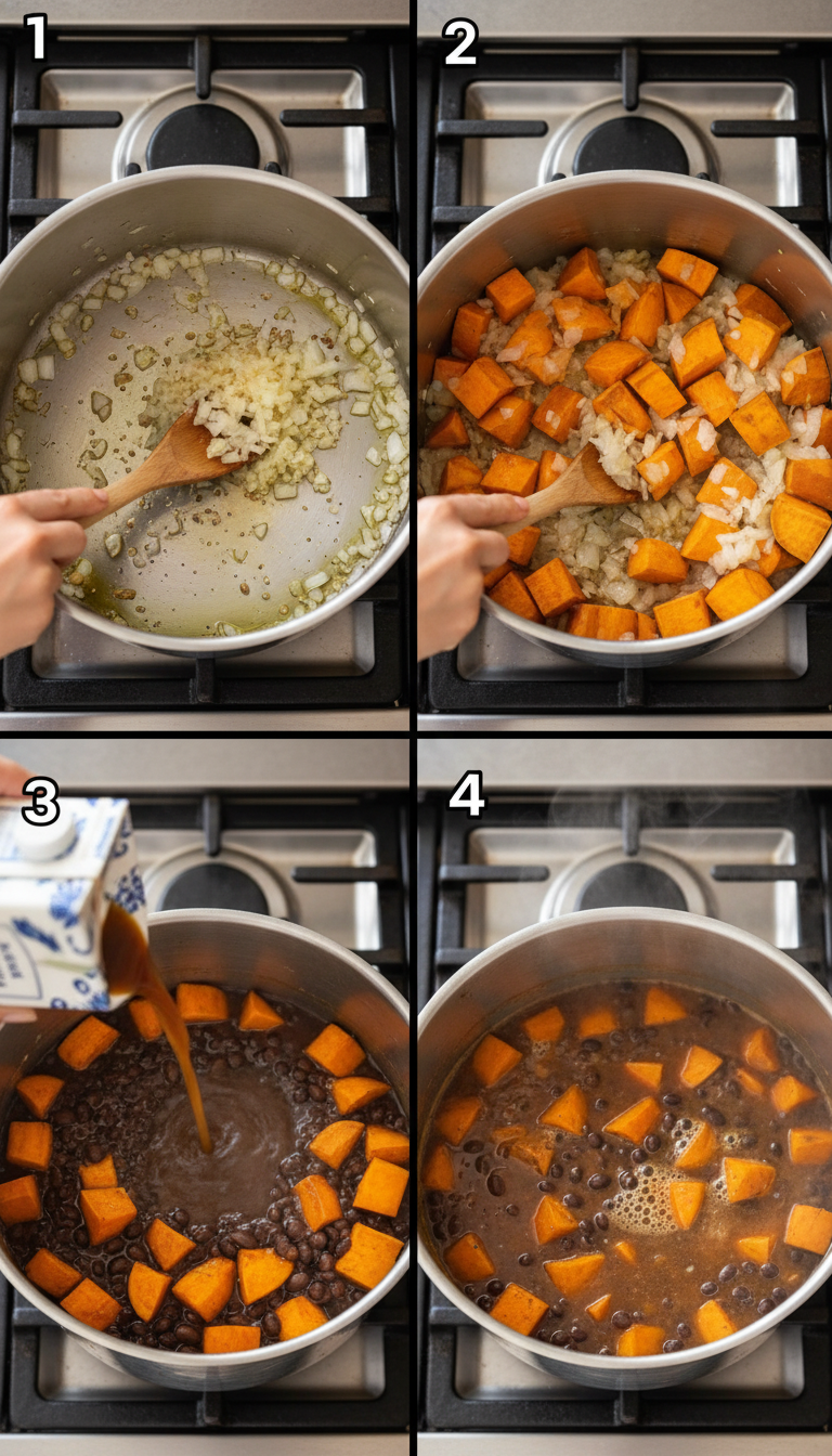 Step-by-step process of making Sweet Potato and Black Bean Soup showing sautéing aromatics, adding sweet potatoes, and simmering