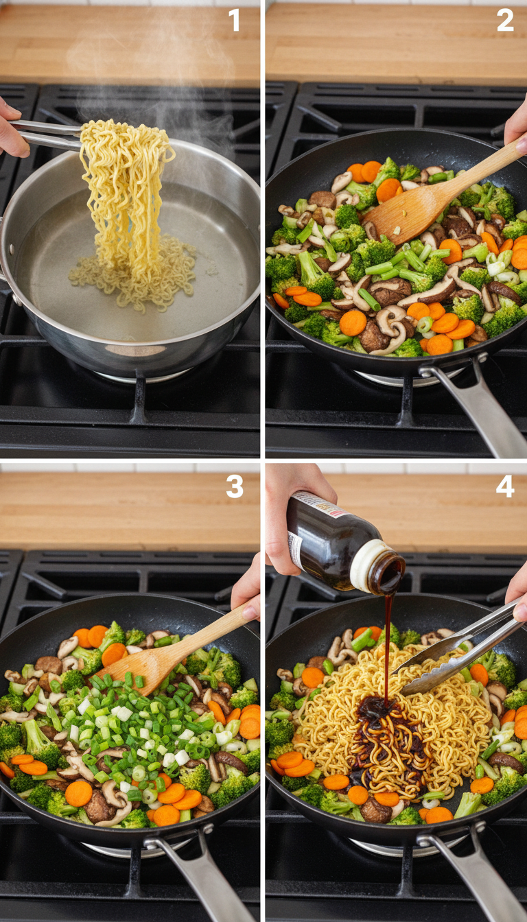 Step by step process of making teriyaki noodles showing cooking stages from raw ingredients to final plated dish