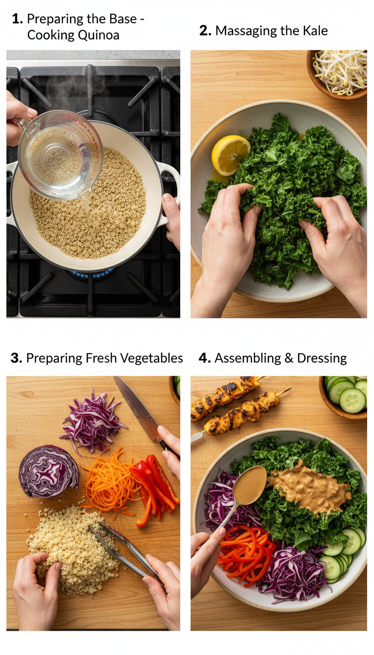 Step-by-step process of assembling Thai Peanut Chicken Buddha Bowls showing quinoa cooking and vegetable preparation