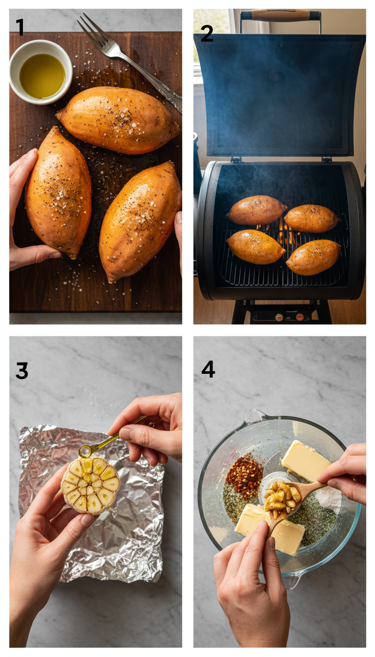 Step by step process showing sweet potatoes being prepared, seasoned, and smoked on Traeger grill with compound butter preparation