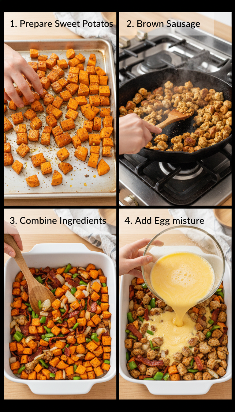 Step-by-step preparation photos showing sweet potato seasoning, bacon cooking, sausage browning, vegetable sautéing, and final casserole assembly for Ultimate Breakfast Casserole