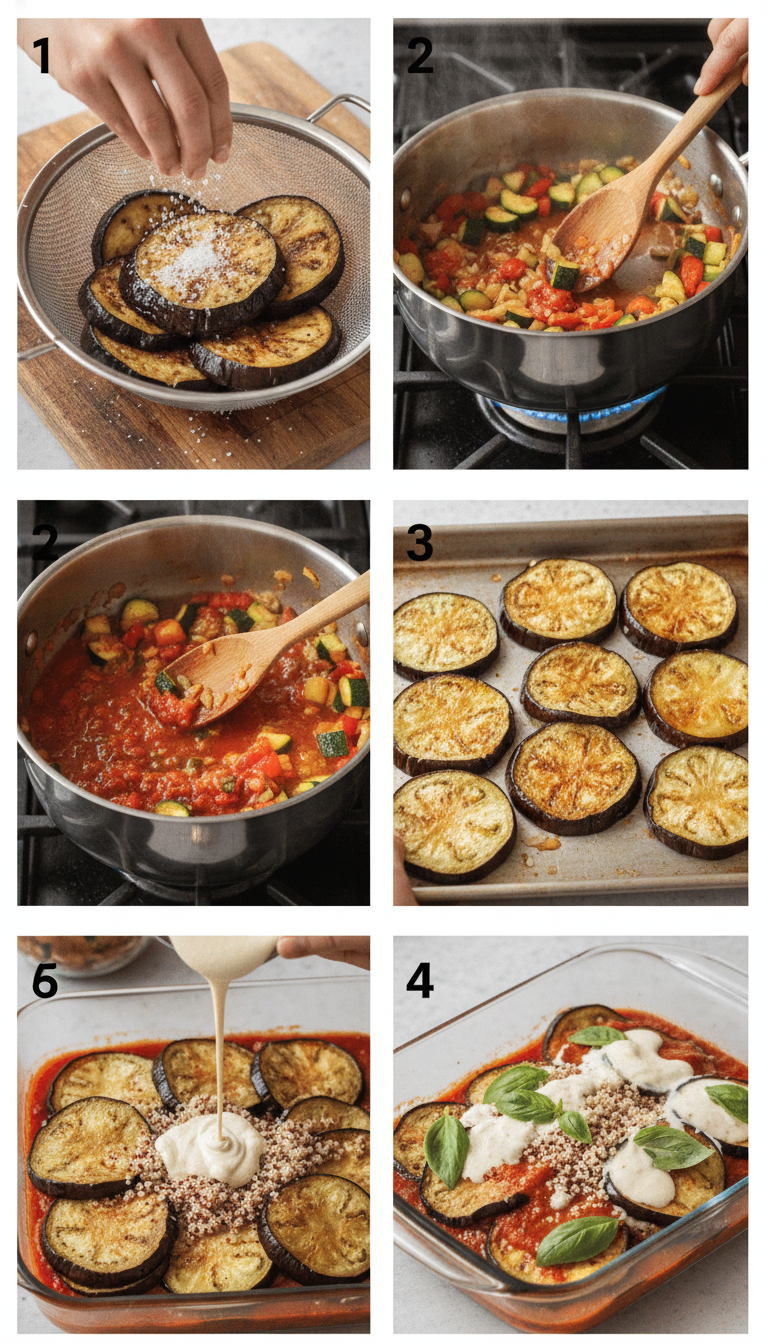 Step by step process showing eggplant preparation, sauce making, and layering for vegan eggplant parmesan