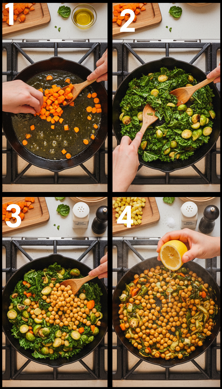 Step-by-step preparation of Winter Veggie Chickpea Bowl showing vegetables being sautéed in a large skillet