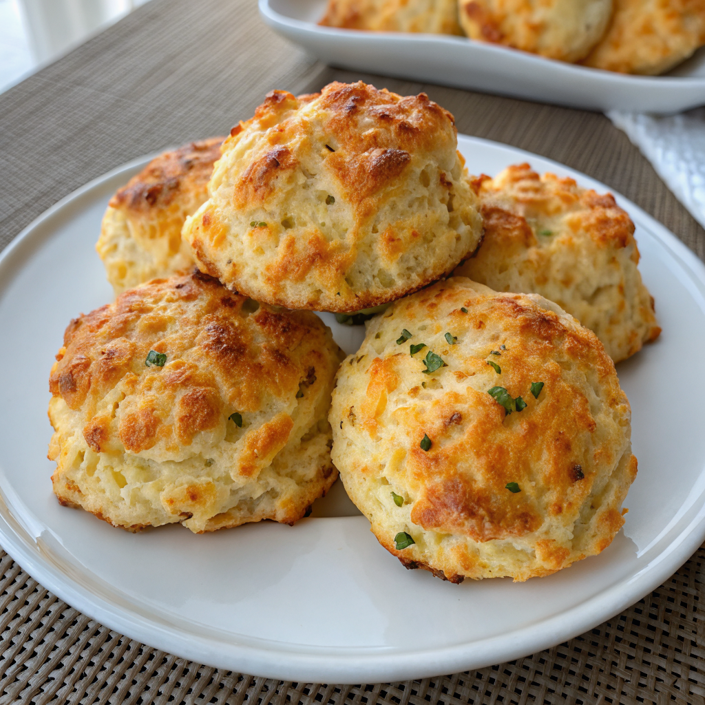 Perfectly golden High-Protein Cottage Cheese Biscuits arranged on an elegant serving platter with fresh herb garnish