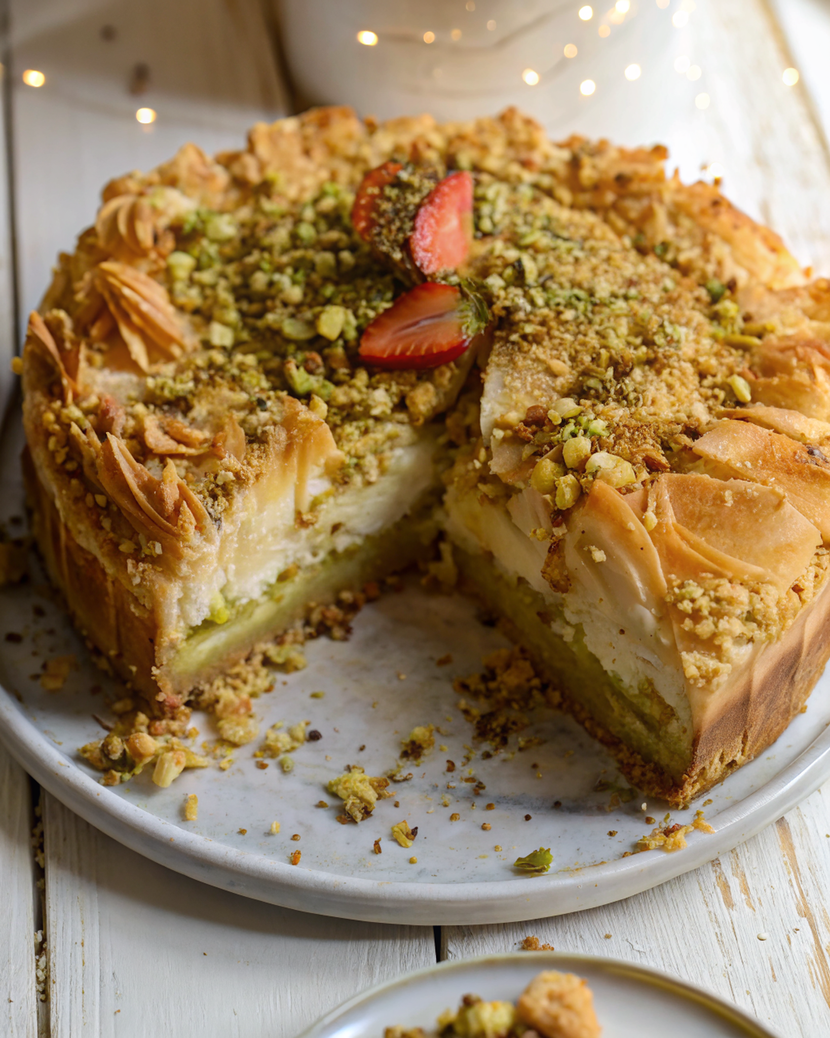 Stunning finished Baklava Cheesecake with golden phyllo layers and perfect presentation