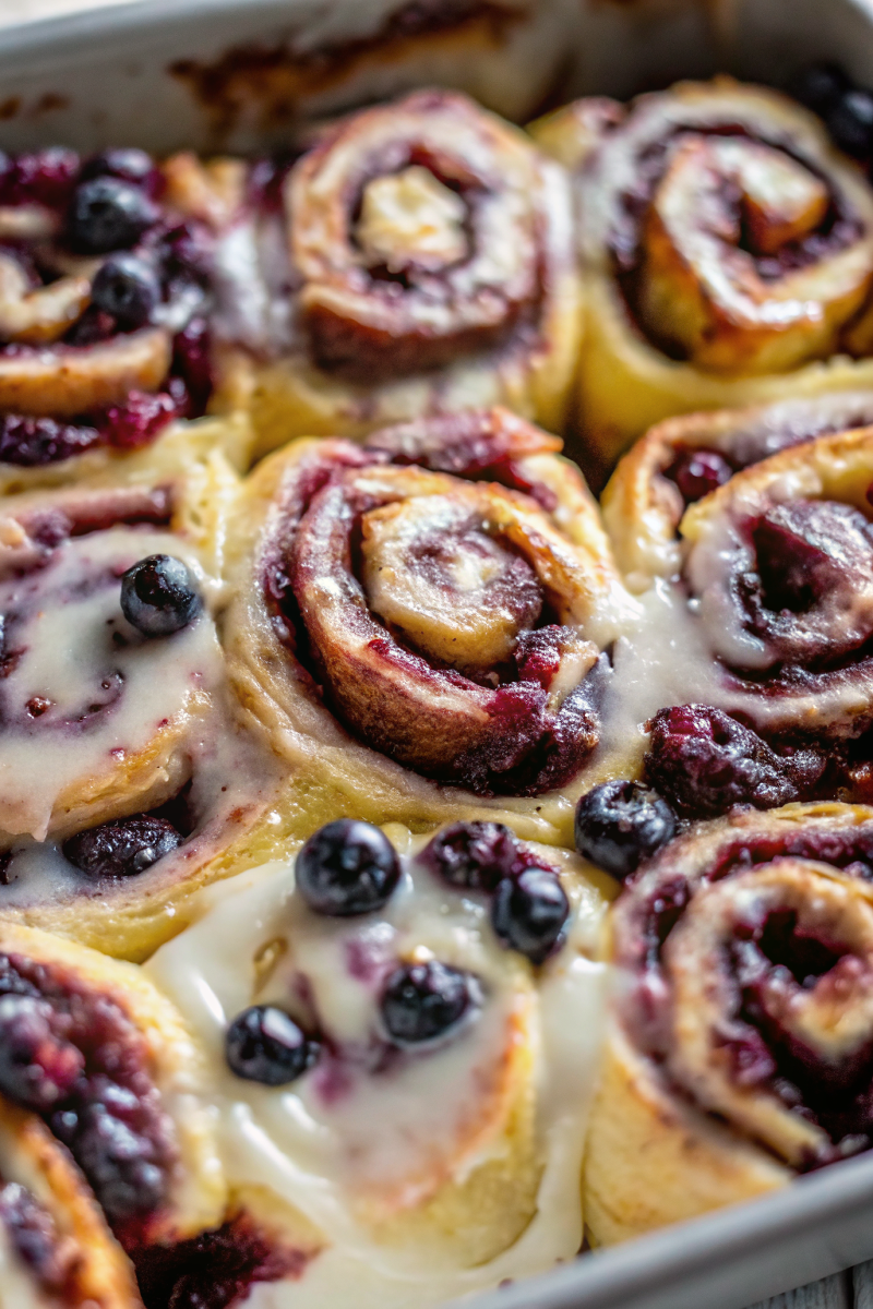 Beautifully glazed Blueberry Lemon Cinnamon Rolls arranged on a white serving platter, garnished with fresh blueberries and lemon zest