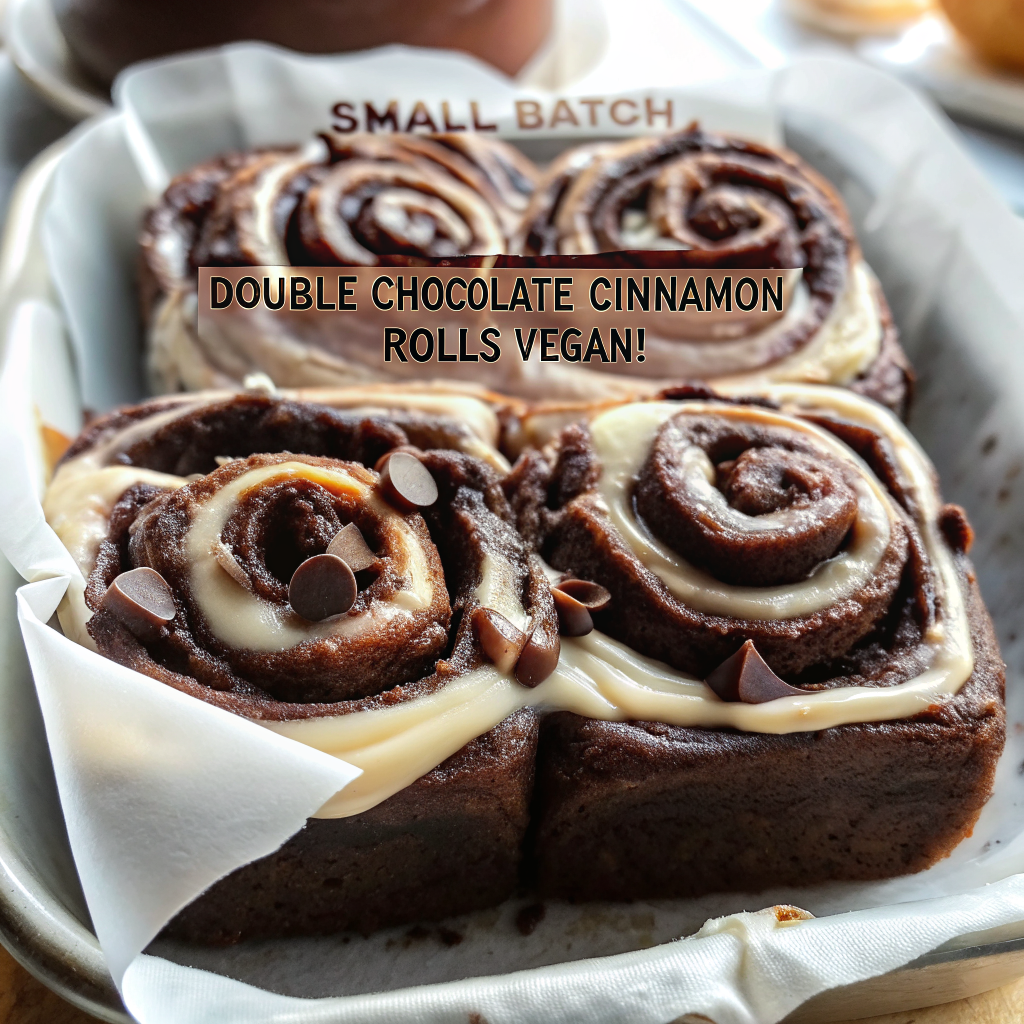 Finished Small Batch MOLTEN Double Chocolate Cinnamon Rolls - Vegan on a white plate showing the molten chocolate center oozing out