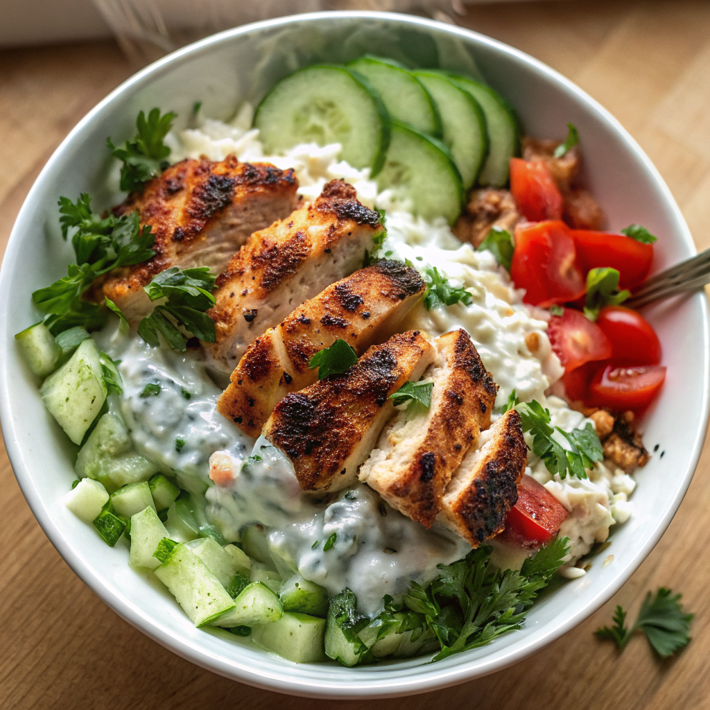 Beautifully plated Chicken Tzatziki Bowl showing perfect arrangement of golden grilled chicken, white tzatziki, colorful vegetables, and fresh herbs in an elegant white bowl