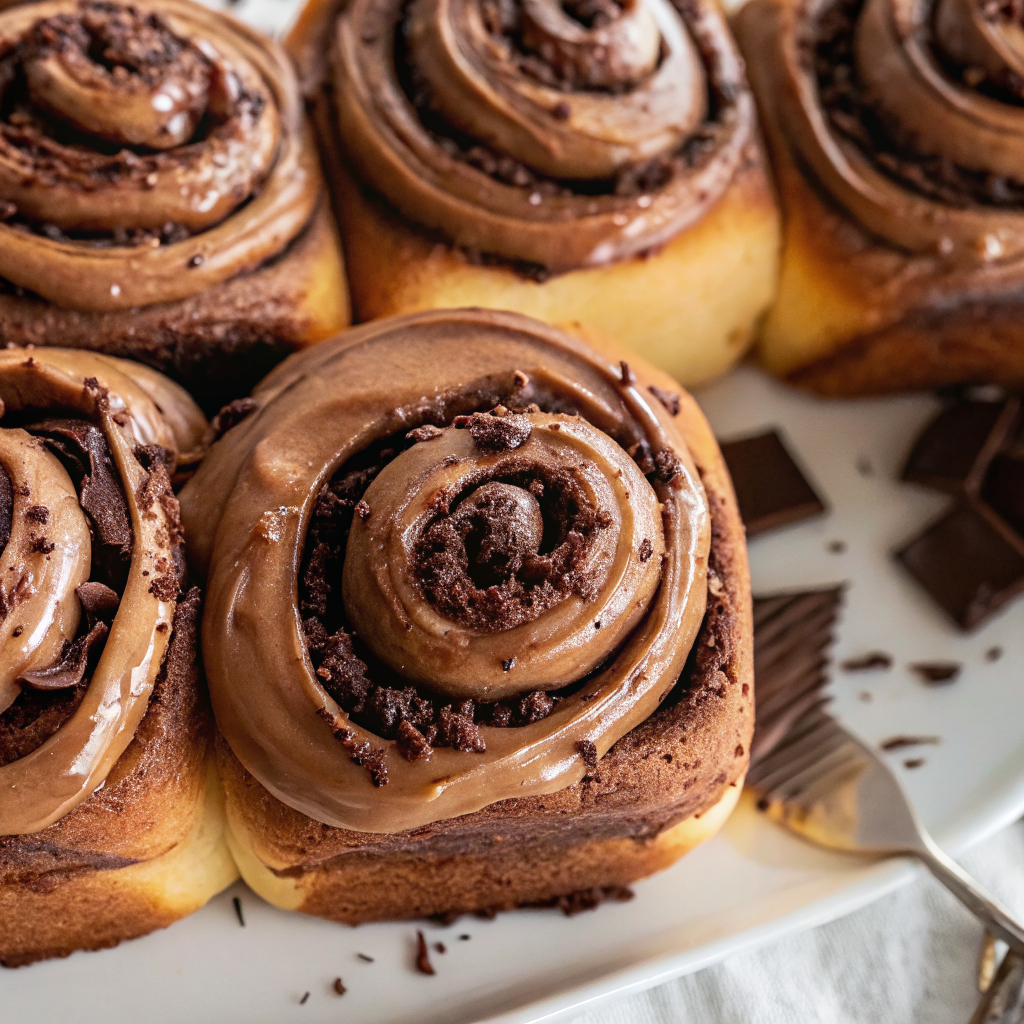Finished chocolate cinnamon rolls with glossy chocolate cream cheese frosting arranged on white serving platter