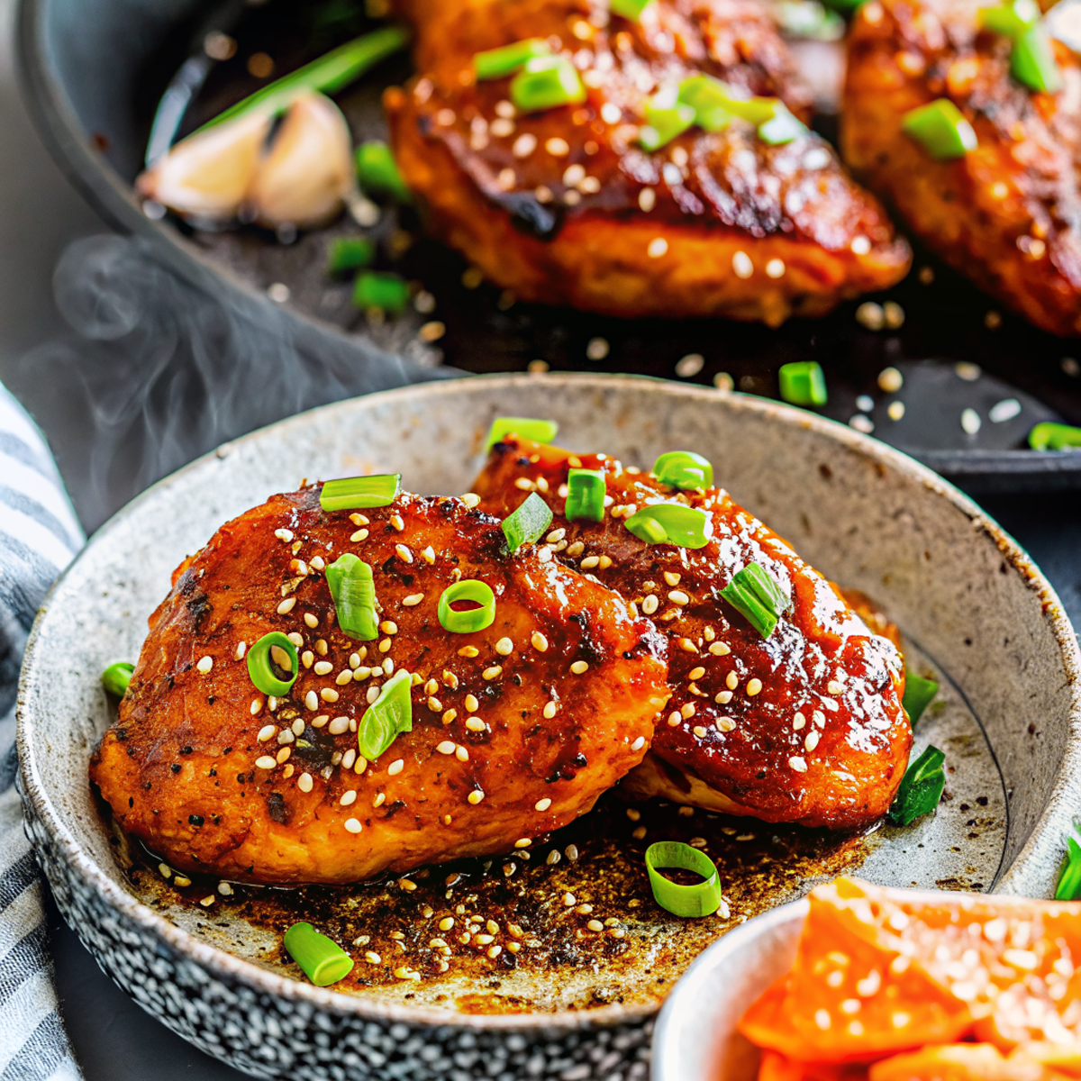 Beautifully plated honey garlic chicken with golden glaze, garnished with sesame seeds and green onions on elegant white dinnerware